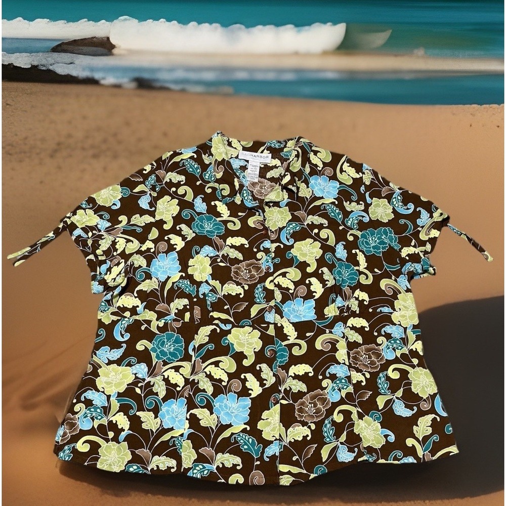 Sag Harbor Women 24w Floral Button Up Top Blouse brown Multi Color Beach Theme
